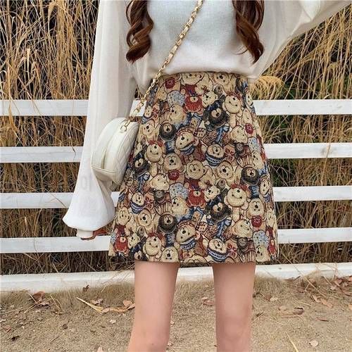 2022 New Spring Summer Women Skirt A-line Japanese Style Sweet Cute Loose Oversize Bear Print Female Mini Skirts Short Skirt