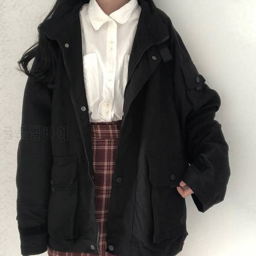 Japanese winter new Ulzzang punk women&39s fashion solid color long-sleeved jacket punk ins Vintage chic Harajuku jacket
