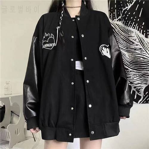 2022 New Spring Autumn Coat Women&39s Korean Harajuku Style Bomber Jacket Jacket Leather Pure Black Women&39s Jacket Cloth