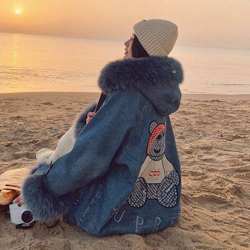 Cowboy Parker Cotton Jacket Women&39s Lovely Bear Embroidery Technology Large Wool Collar Plush Thickened Jacket Cowboy Jacket