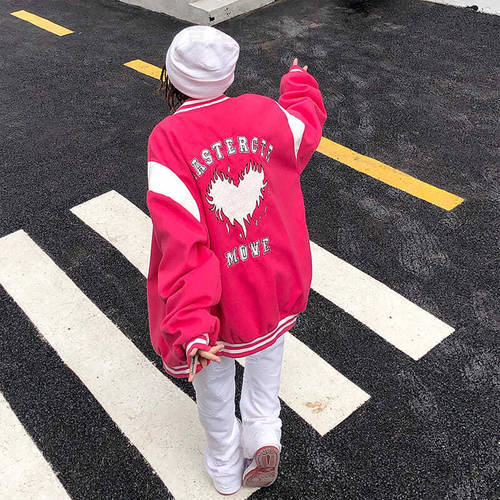 Contrasting color baseball uniform women spring and autumn 2021 flame high street style rose red oversized jacket long sleeve