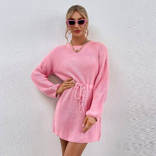 Churses Casual O-Neck Pink Drawstring Dress Autumn Long Sleeve High Waist Loose Fashion Street Wear Mini Dresses For Women 2021