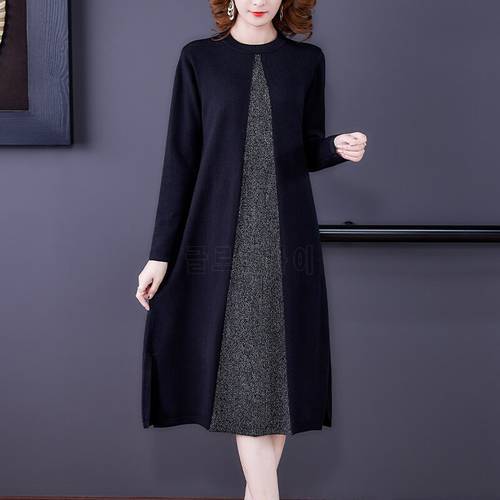 Winter New Black Patchwork Wool Sweater Midi Dress Autumn Women Vintage Knitted Pullovers 2022 Elegant Bodycon Sweaters&Jumpers