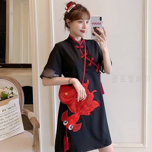 Improved Cheongsam Retro Loose Black Stand-Up collar Buckle Short Sleeve Mini Dress Chinese Style Vintage Summer Short Qipao