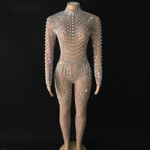 Bright Pearls Crystals Mesh Jumpsuits Sexy Rhinestones Perspective Bodysuit Stage Dance Wear Celebrate Shining Costume YOUDU
