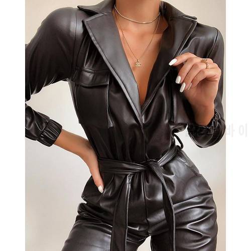 PU Leather Jumpsuits For Women Turn Down Neck Long Sleeve High Waist Belt Jumpsuit Female