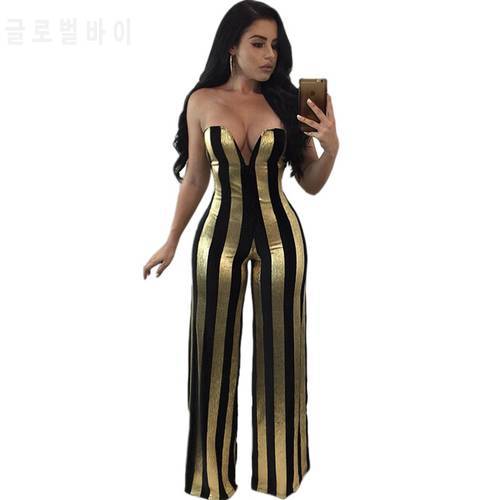 Women Dressy Strapless Jumpsuit Sexy V-Neck High Waist Black Gold Striped Print Wide Leg Pants Romper Party Formal Jumpsuits