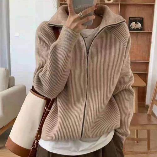 Vintage Warm Sweaters Winter Clothes Women Turtleneck Zipper Soft Knitted Cardigan Women Sweater Pullover Oversize Jumper Loose