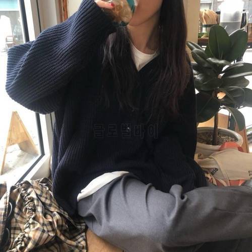 Simple and versatile solid color loose single-breasted oversized sweater female V-neck Harajuku Korean long knitted jacket