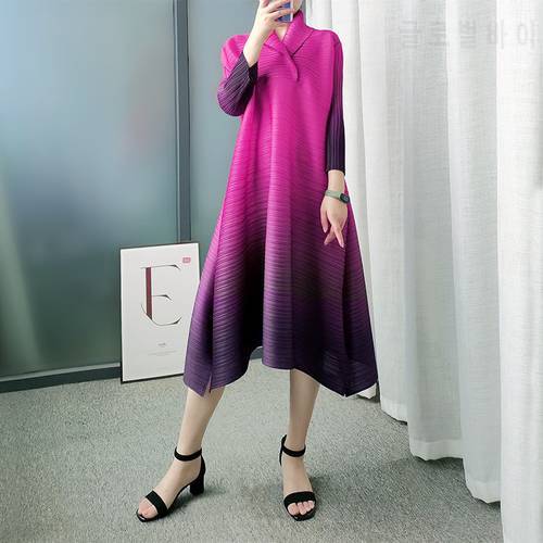High Quality Fashion Woman Issey Pleated Seven 3/4 Dress Purple Gradient Lapel Collar Over Size Casual Style Straight Dresses