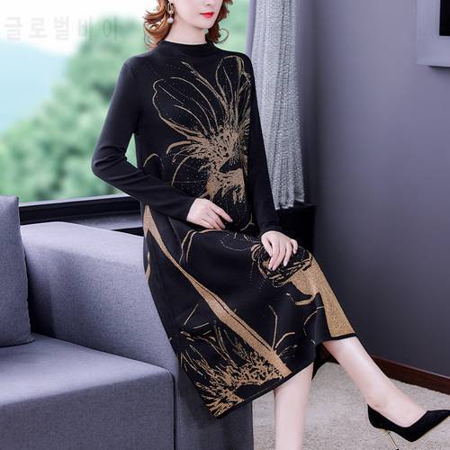 Winter Leisure Women Long Wool Dress Over The Knee Spring Dress New High Collar Fashion With Overcoat Knitting Solid Lady Dress