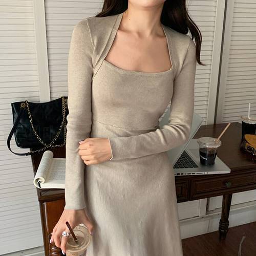 Casual Square Collar Slim High Waist Knitted Elegant Winter Dresses Warm 2022 Sweater Dress Women Korean Thick New Woman Solid