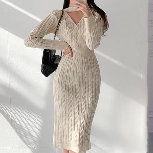 Elegant Solid Apricot Black Grey Split Thick 2022 Woman Dresses Warm Casual Knitted Korean Sweater Dress Women Winter Clothes