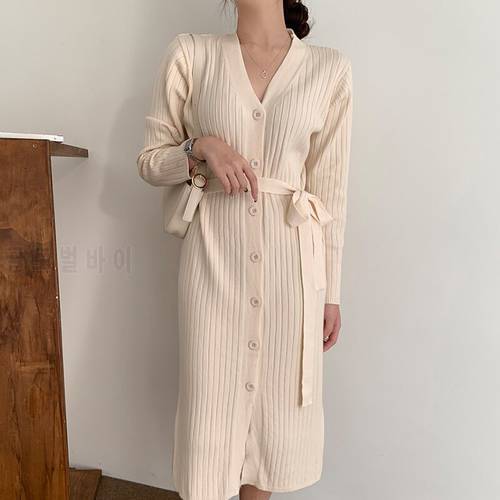 V Neck Elegant 2022 Single-breasted Sweater Dress Women Warm Casual Dresses New Solid Korean Winter Woman Thick Knitted Vestido
