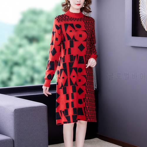 Autumn Winter Red Print Wool Sweater Midi Dress Women Elegant Bodycon Sweaters&Jumpers 2021 Vintage Knitted Tultleneck Pullovers