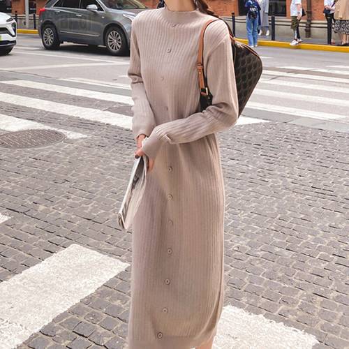 Elegant 2022 Casual Single-breasted Dresses Sweater Dress Women Woman New Solid Korean Winter Knitted Warm Thick Vestido Maxi