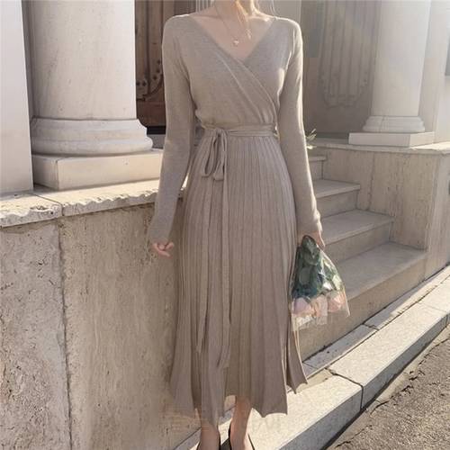 Chic High Waist Woman Sweater Dress Women Elegant Knitted Winter Warm Casual New 2022 Thick Solid Korean Pleated Dresses Female