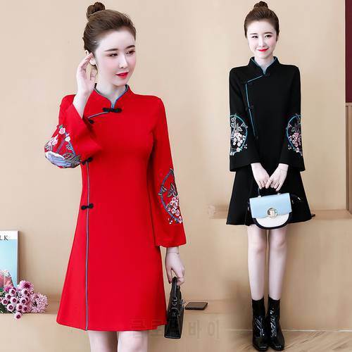 Chinese Style Dresses Improved Cheongsam Long Sleeve Stand-up Collar Buckle Vintage Print Mini Dress Women Elegant Qipao Female