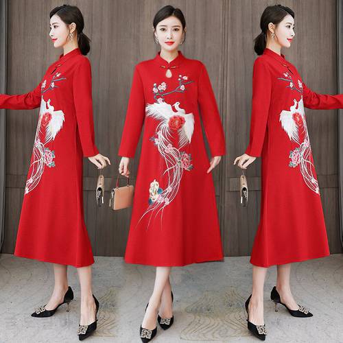 Chinese Style Embroidery Stand Collar Improved Cheongsam Women Autumn Long Sleeve Loose Red New Year Red Midi Dress Female