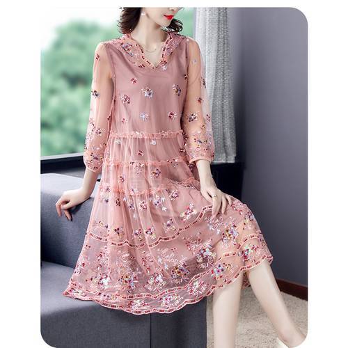 Women Loose Red Floral Mesh Embroidery Midi Dress 2021 Summer Vintage 5XL Plus Size Casual Dress Elegant Bodycon Party Vestidos