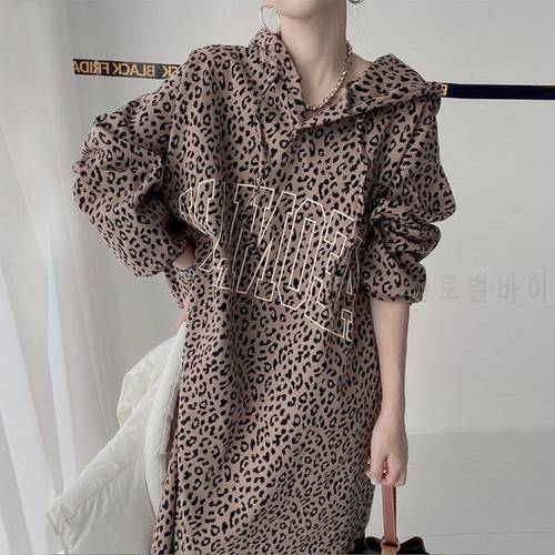 [EWQ] Korean Chic Autumn Hooded Drawstring Letter Printed Leopard Loose Casual Long Bubble Sleeve Dress Female Fashion 16E4865