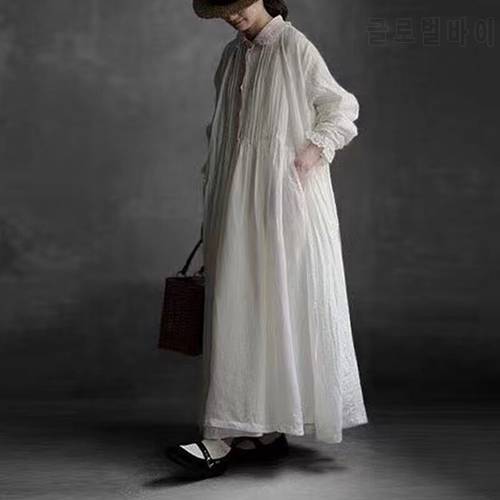 Johnature Vintage Linen Women Embroidery Turn-down Collar Dress For Women 2023 Autumn New Japanese Loose Lace Dresses