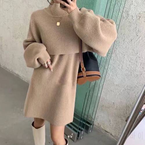 Stylish Sweater Dress Winter Thicken Women Set Loose Knitwear And Knitted Sleeveless Dresses Streetwear Party Vacation Dress