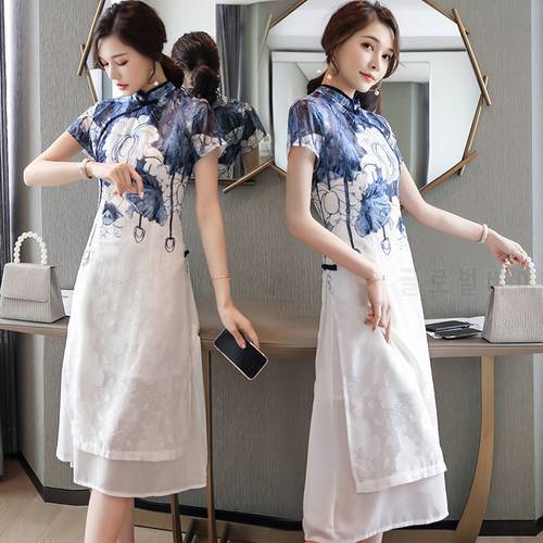 Srping Summner Retro Floral Printed Women Chinese Dress Buckle Stand Collar Improved Cheongsam Blue and white Ink Elegant Dress