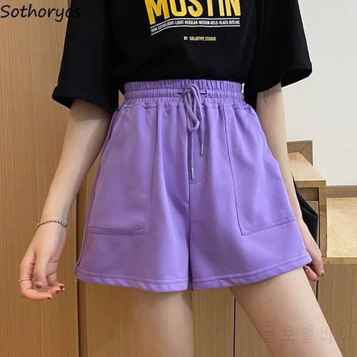 Women Solid Shorts Elastic Waist Simple Female Wide Leg Loose Leisure Gym All-match Korean Style Streetwear Side-slit Zipper Hot