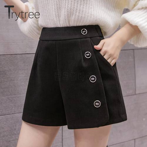 Trytree 2020 Autumn Winter Casual Woman Shorts Solid Thick Blends Tweed Elastic Waist Pockets Loose Oversize Wide Leg Shorts