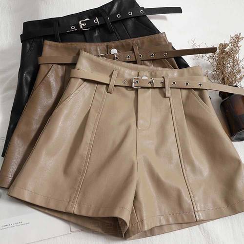 Pu Leather Shorts Female High Waist With Belt Pocket Shorts Woman Casual Loose Black Women Short Pants Mujer