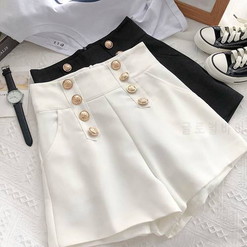 2022 Spring Women Double-breasted Casual High Waist A-Line Wide Leg Black Shorts Female