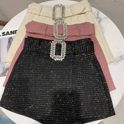 2022 Spring Autumn New shiny sequins Plaid Shorts with Belt for Lady Rhinestone Bright Silk Tweed Folding Short Boots Women
