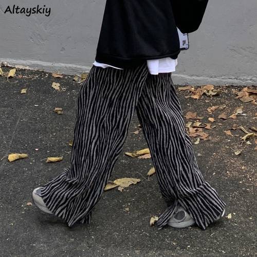 Casual Pants Women Zebra-print Design Soft Stylish Aesthetic All-match Autumn BF Side-slit Wide Leg Trouser Korean Style College