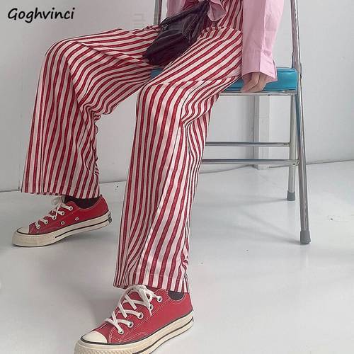 Striped Casual Pants Women Loose Straight Printed Drawstring All-match Thin Wide Leg Trousers Female Korean Style Vintage Chic