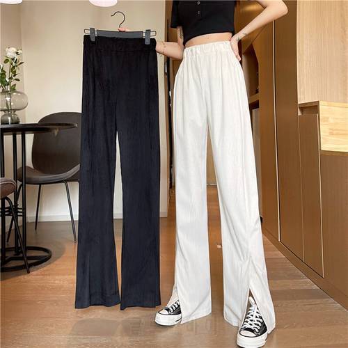 7 Sizes S-2xl Full Length Casual Loose Corduroy Elastic Waist Solid Pleated Straight Women Wide Leg Pants