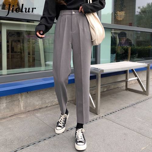Jielur Black Grey Suit Pants Women Chic High Street Casual Formal Straight Pants Office Lady Workwear Trousers Pocket S-L Femme