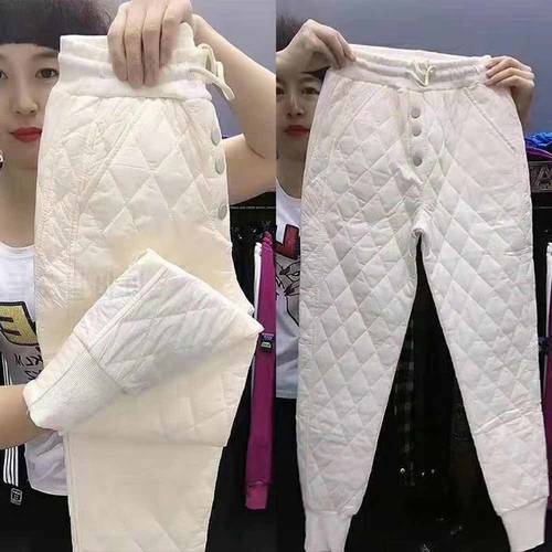 2022 Women Winter Thicken Elastic High Waist Long Harem Pants Pockets Casual Cotton Pad Trousers