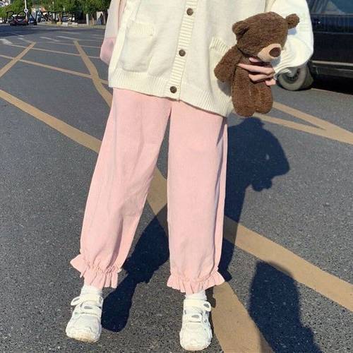 Casual Pants Women Thickening Ankle-length Ruffles Solid Corduroy Kawaii Japanese Style Loose Fashion Simple Students Females