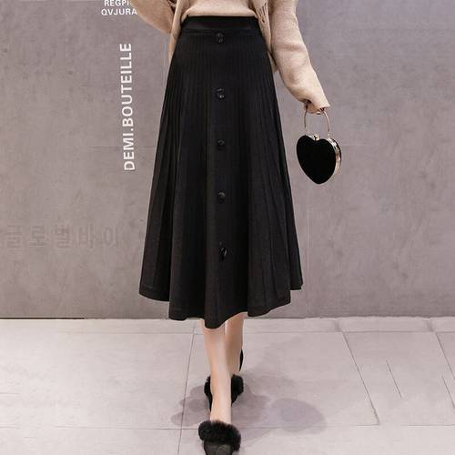 High Quality Winter Single Breasted Warm Elegant Midi Skirts Womens Autumn Vintage Elastic Waist Rib Knitted Skirt Black Grey