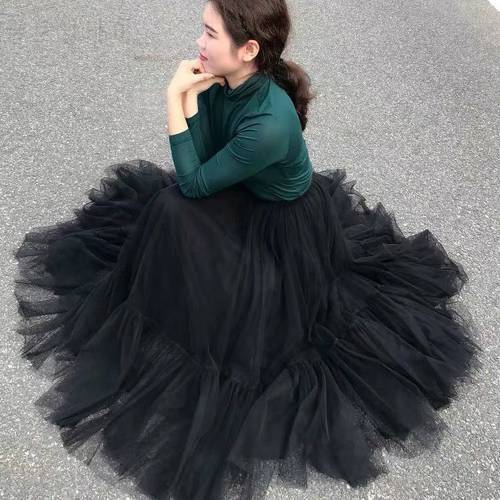 Womens Pleated Tulle Skirt Black Mesh High Waist Maxi Long Skirts Faldas Mujer Moda 2020 Jupe Vintage Skirts Q663