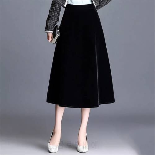 Chic Velvet A-Line Skirts New 2021 Autumn Winter High Waist Women&39S Long Skirts Korean Style Elegant Black Midi Skirts Female