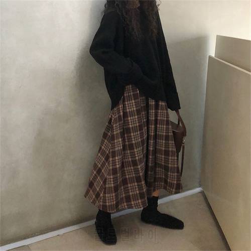 Harajuku Autumn Winter Women Midi Pleated Skirt High Waist Maxi Plaid Skirt Female Saias Korean Streetwear Big swing Long Skirts