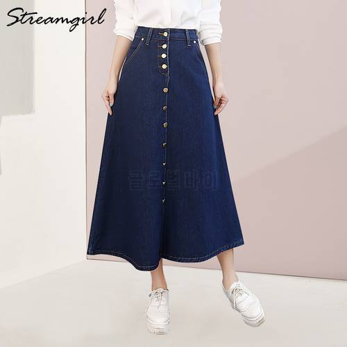 Streamgirl Denim Skirt Women Summer Korean Fashion Long Jeans Skirt Button Big Hem Casual High Waist Skirts Long For Women