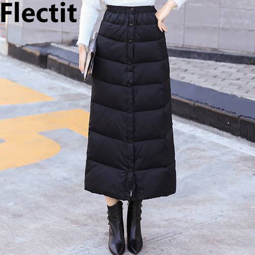 Flectit Women Warm Padded Skirt Black Quilted Long Skirt Ankle Length Side Slit Fall Winter Thick Skirt Plus Size 4XL *