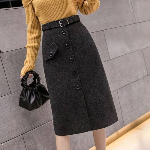 Woolen Skirt Women&39s Autumn and Winter Single Belt Long Slit A- line Skirt Woman Skirts Mujer Faldas Saias Mulher