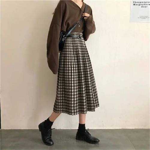 vintage Brown Plaid Long Pleated skirt With Belt Women Autumn High elastic waist Midi Skirt Student Woolen Winter Thicken Skirts
