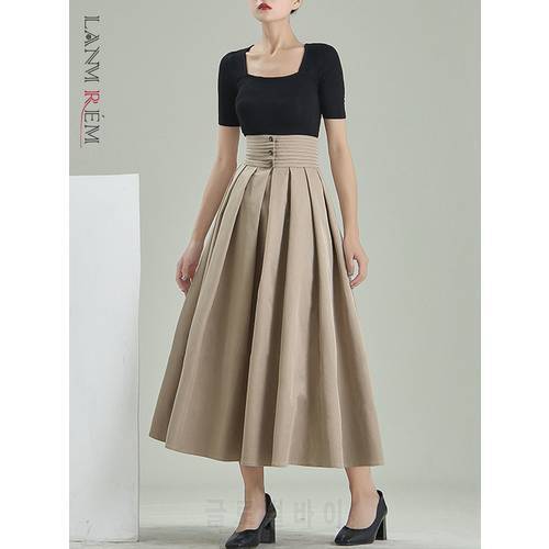 LANMREM Women Apricot Skirt 2023 Spring New High Waist Pleated A-shaped Fluffy Medium Long Skirts Female Fashion 2W434