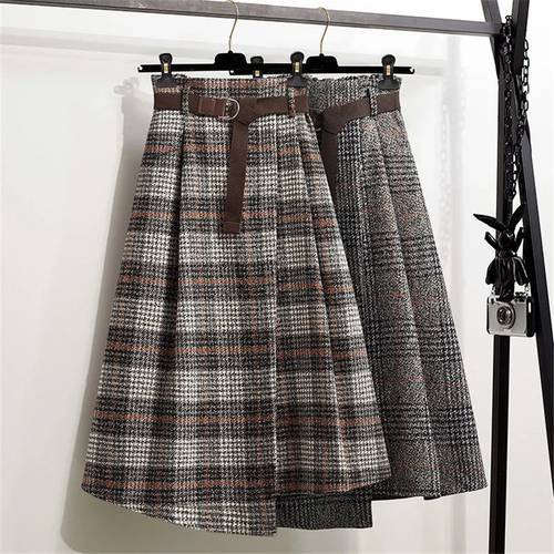 2022 Autumn Women Plaid Irregular Wool Midi Skirts Pleated Sashes England Style Vintage Warm A-Line Long Skirt Faldas Mujer Moda