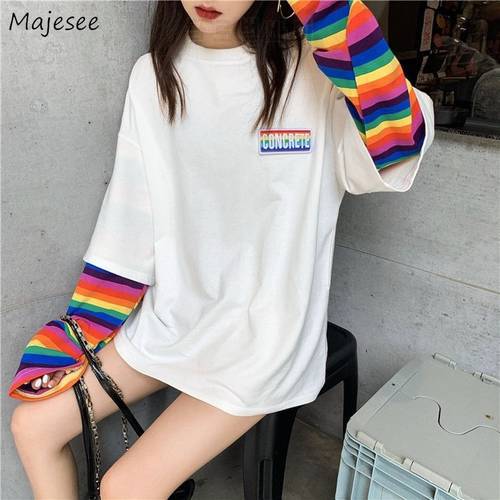 T-shirts Women Korean Long Sleeve Patchwork Fake Two Pieces Rainbow Striped Casual Ulzzang Harajuku Womens Femme Tops Clothing